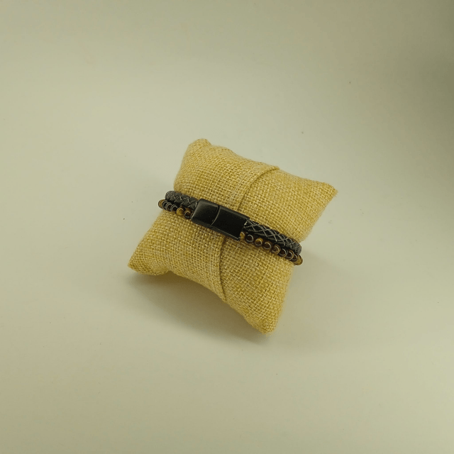 Bracelet cuir noir et pierre Oeil de tigre multicouleur