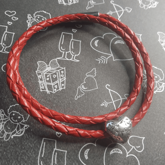 Bracelet cuir cœur argent feuillage 
