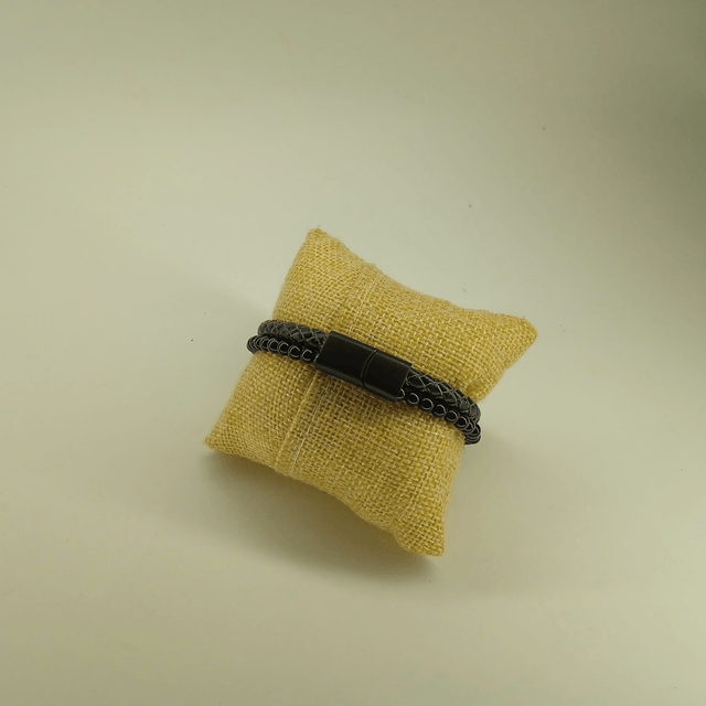 Bracelet cuir noir et pierre Obsidienne 
