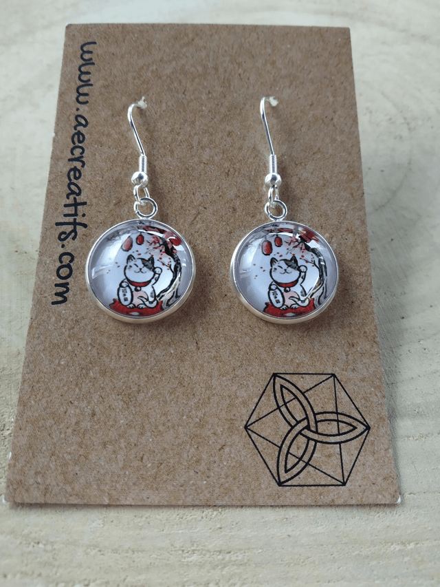 Boucles d'oreilles cabochons chat dessin chance 