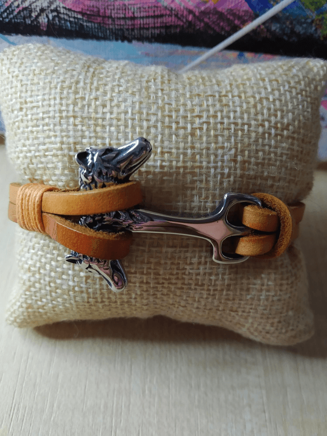 Bracelet cuir double lanières orange Loups 