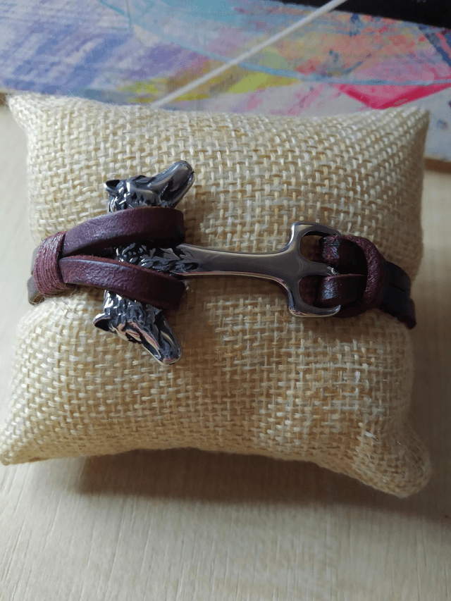 Bracelet double lanières brune loups