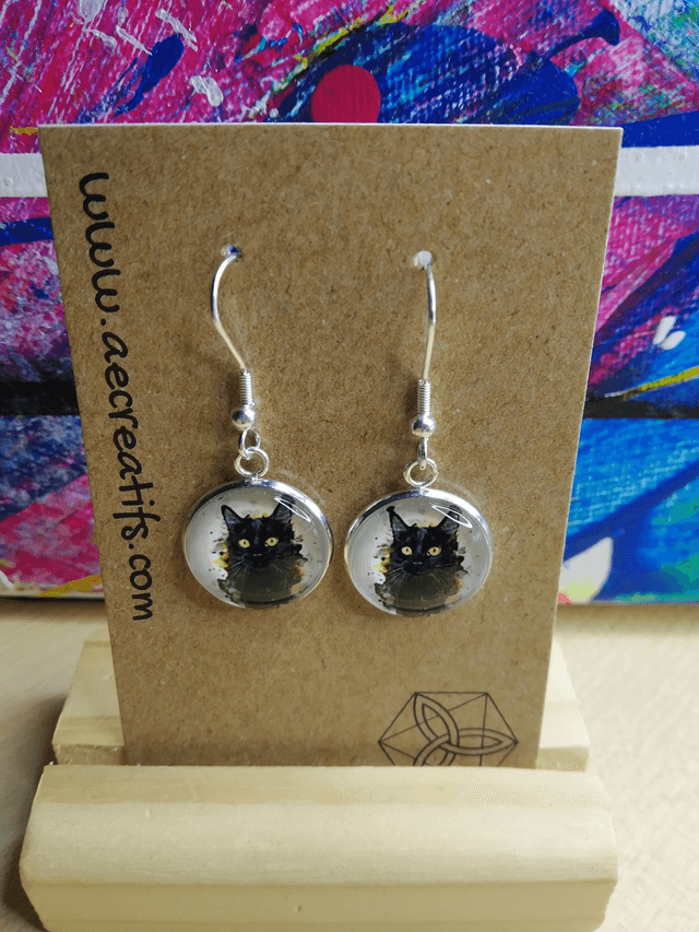 Boucles d&#039;oreilles cabochons chat noir 
